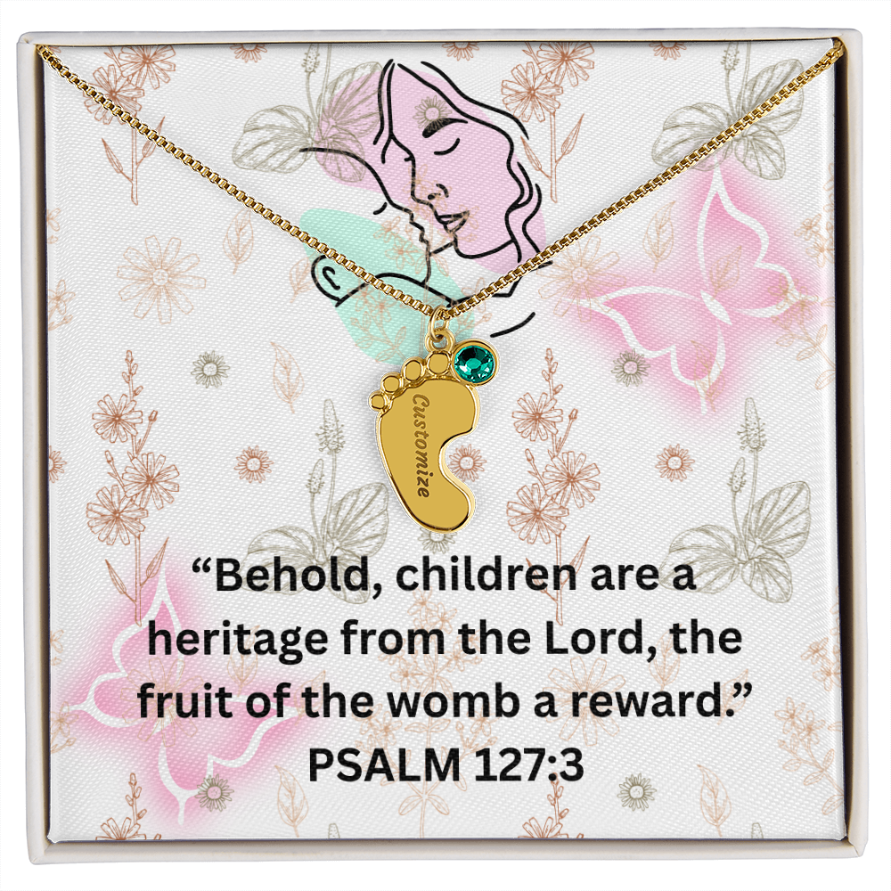 Personalized Baby Feet with Birthstone Necklace: PSALM 127:3