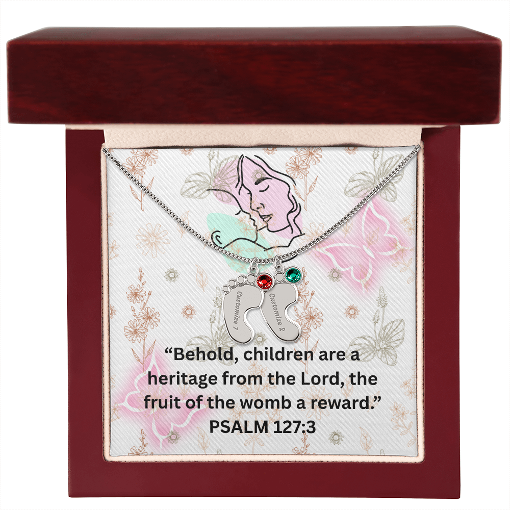 Personalized Baby Feet with Birthstone Necklace: PSALM 127:3