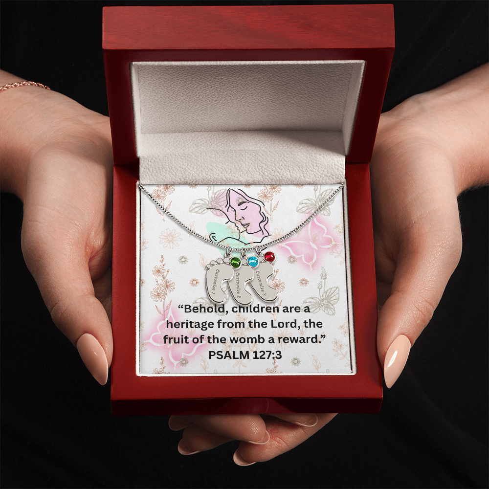 Personalized Baby Feet with Birthstone Necklace: PSALM 127:3